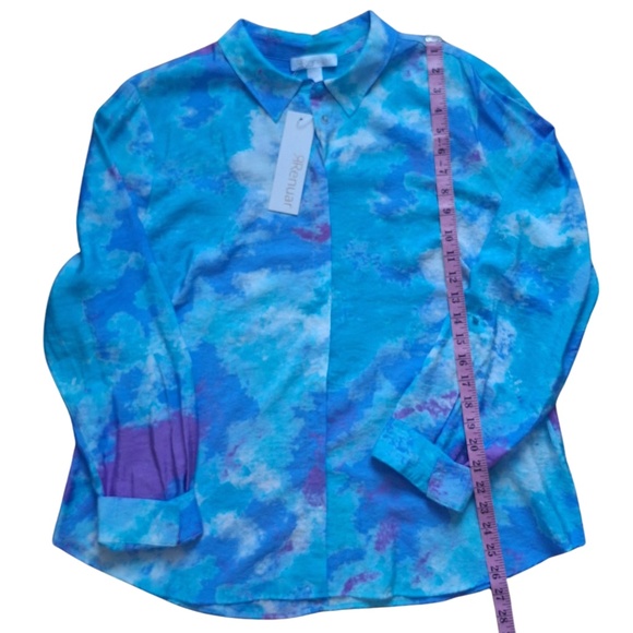 Renuar Resort Cruise Coastal Watercolor Print Button Front Blouse Blue Sz XL - Picture 5 of 10